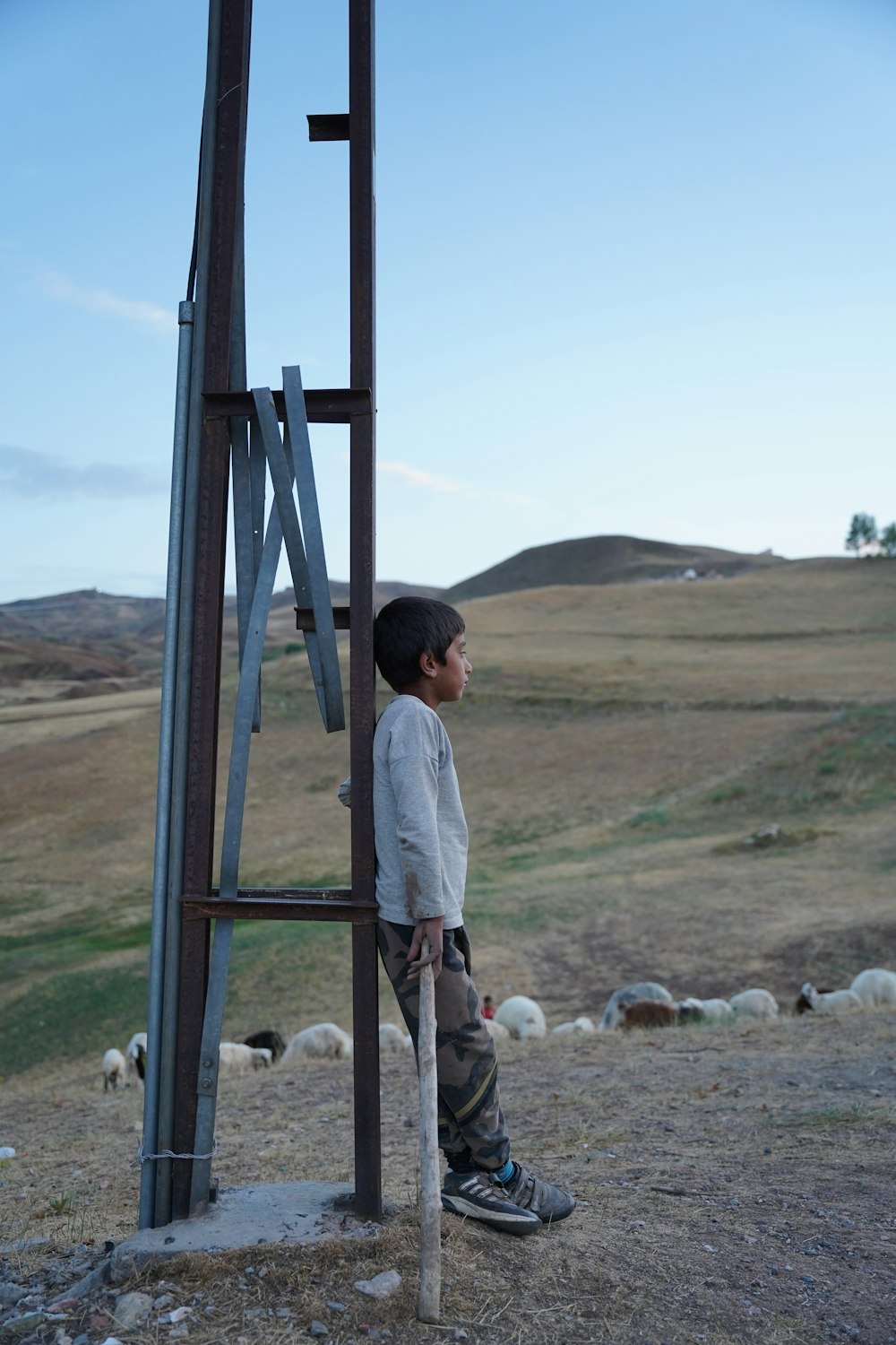 a man looking at a large metal structure with sheep in the background