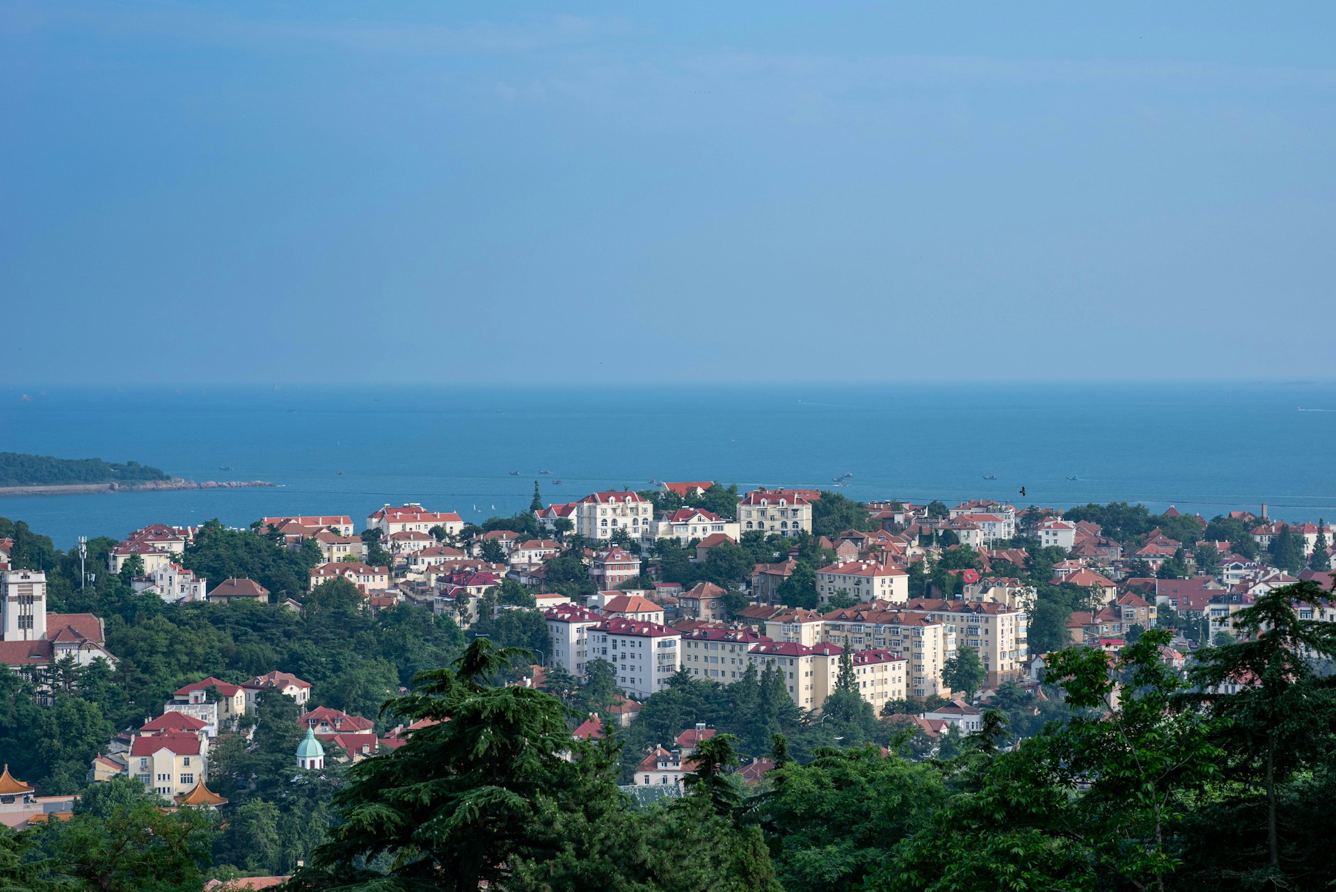a city with trees and water in the background