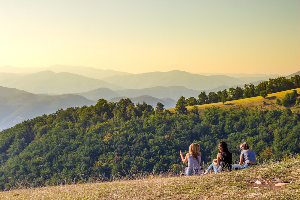 a group of people sitting on a hill overlooking a forest