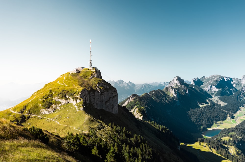 a mountain with a tower on top