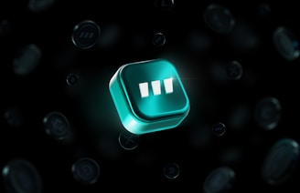 A luminous three-dimensional teal cube with three white vertical bars in the center, floating against a dark background. Multiple faint circular shapes with various symbols surround it, suggesting a digital or technological theme.