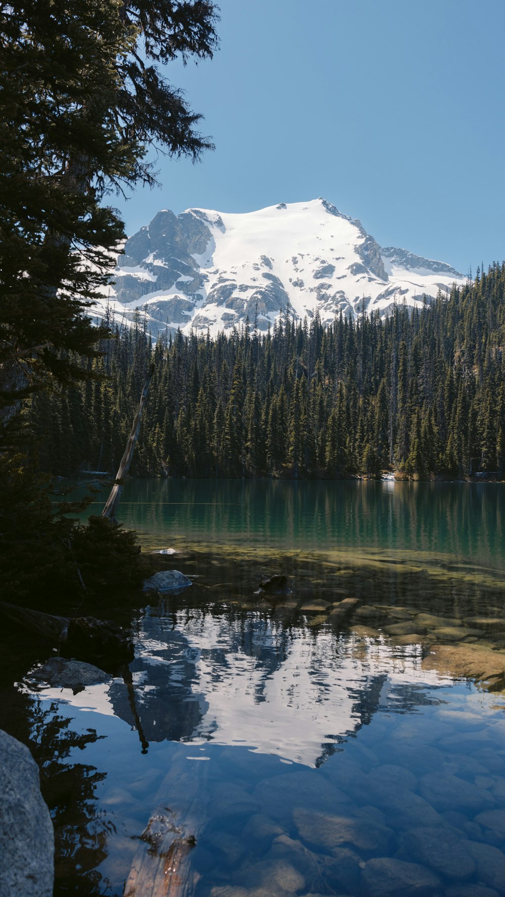 Un lago con una montaña nevada al fondo