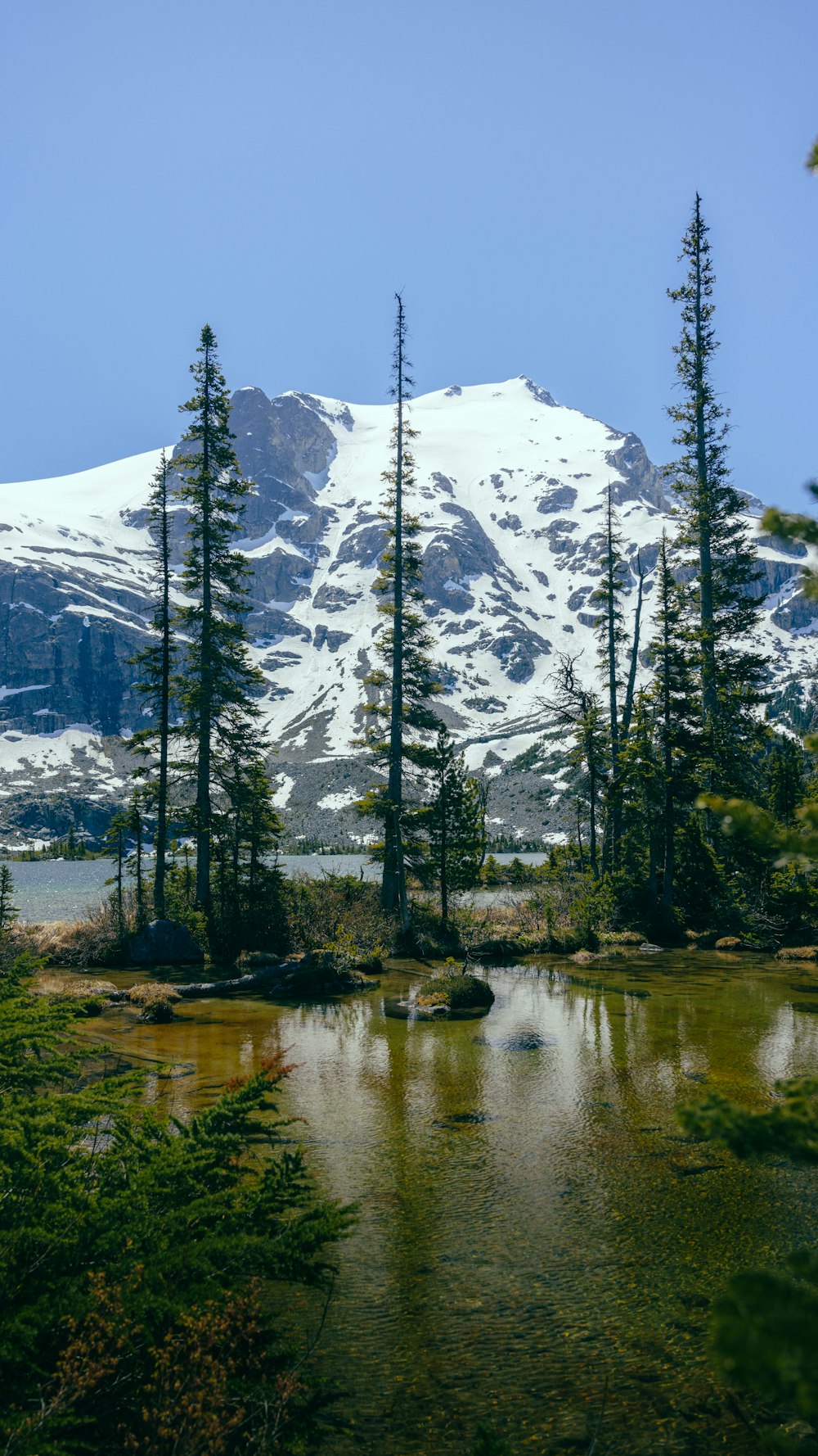 a lake with trees and mountains in the background