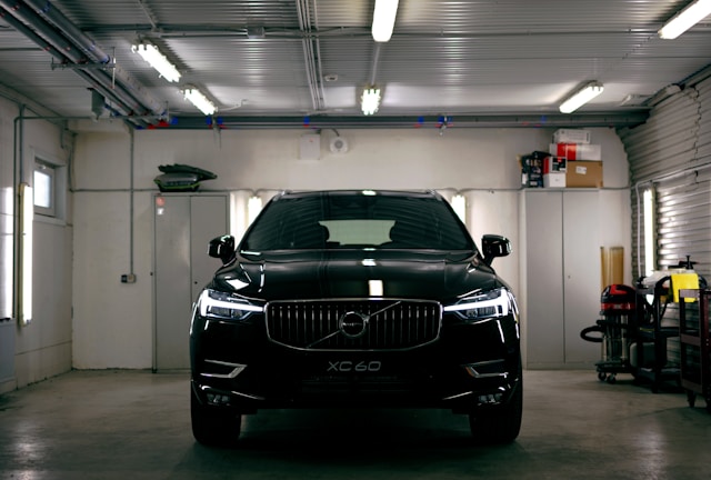 a black car in a garage