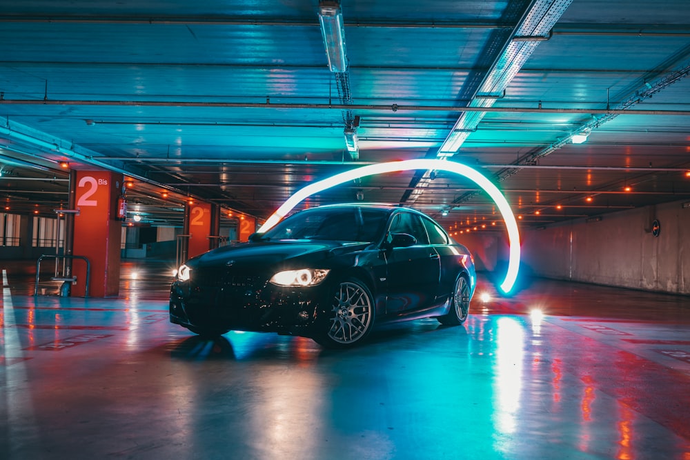 a car parked in a garage