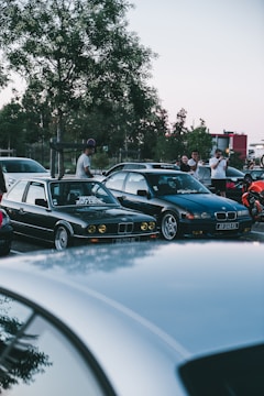 A group of parked cars is seen in an outdoor setting typical of a car meet. People are gathered around, some standing near the cars and conversing. The vehicles are older models, with visible details like decals and custom features. Trees and a clear sky form the backdrop, creating a relaxed and social atmosphere.