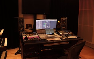 a laptop sits on a desk