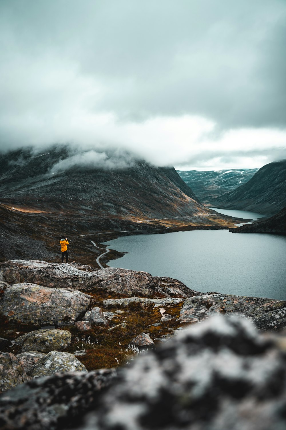 a person standing on a rocky shore