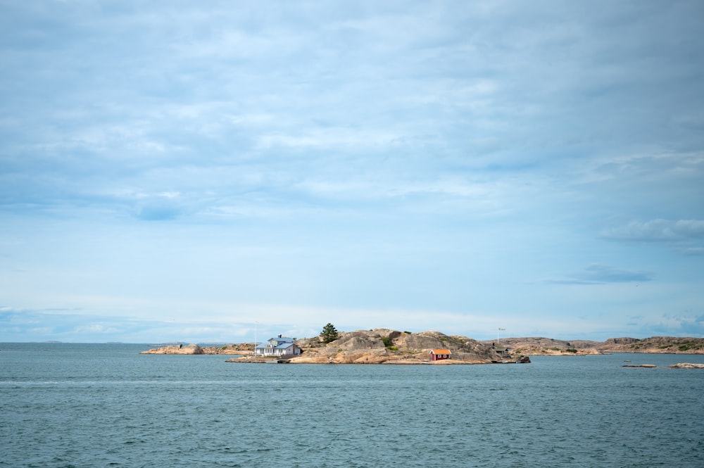 a small island with buildings on it