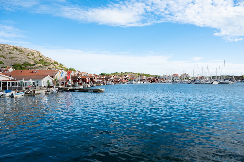 a body of water with boats and buildings along it