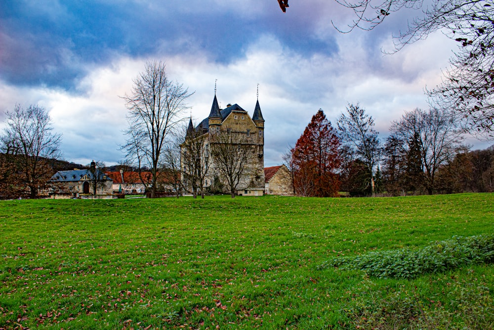 a castle with a grass field