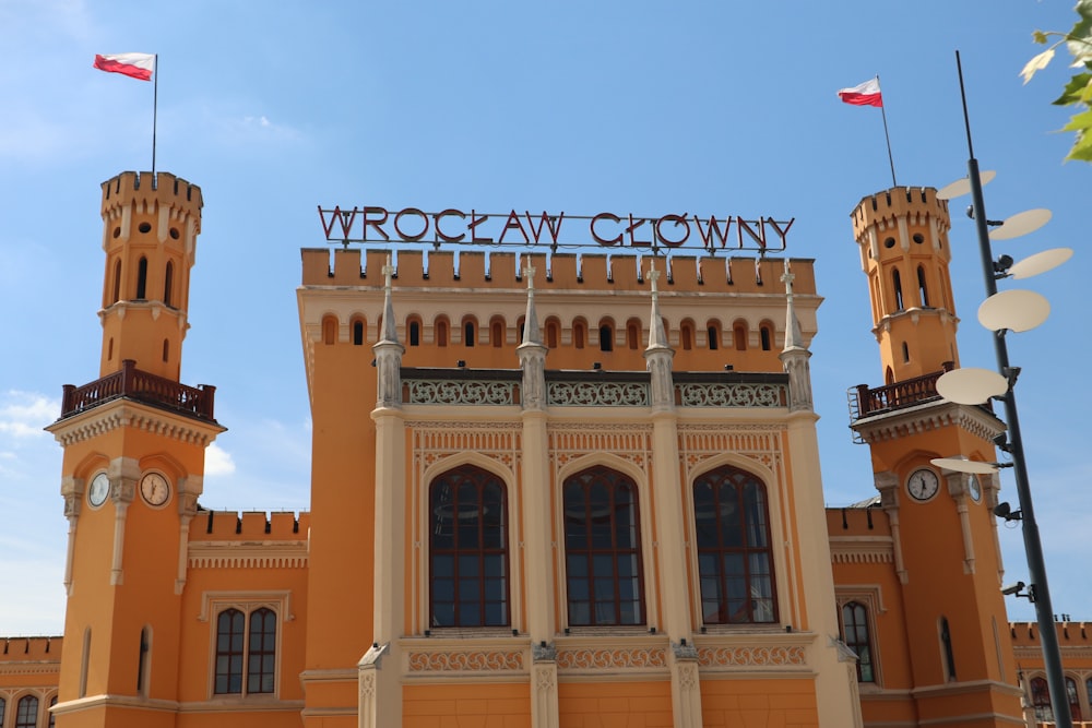 a building with flags on top