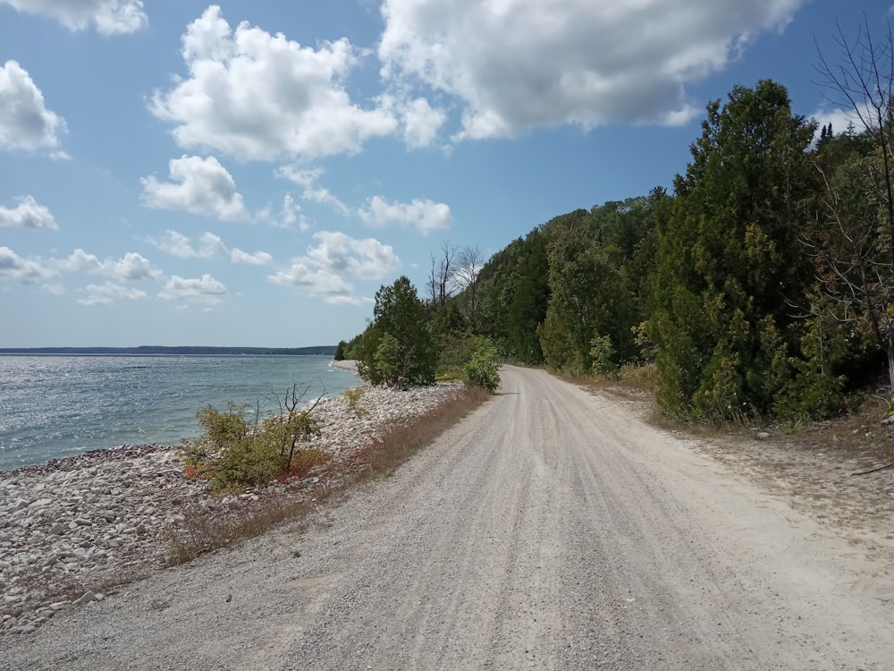 a dirt road next to a body of water