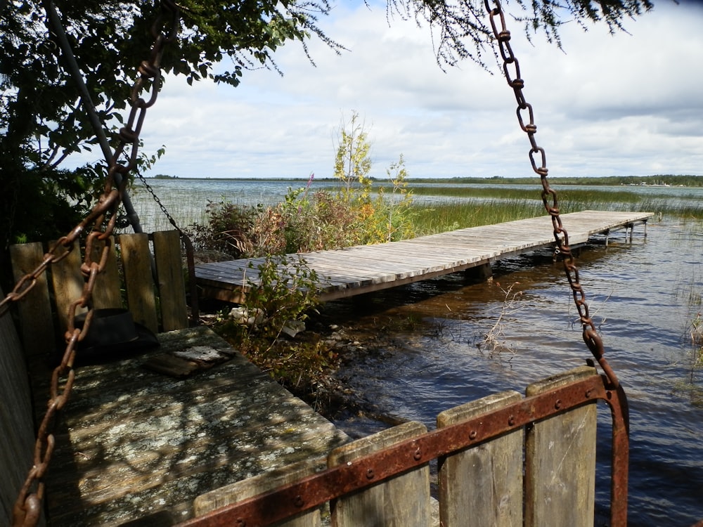 a chain link fence on a dock