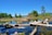 A vibrant wetland scene with scattered logs and branches partially submerged in clear, reflective water. The area is surrounded by lush greenery and tall grasses, with a backdrop of a clear blue sky. The distant city skyline is visible on the horizon, creating a contrast between nature and urban life.