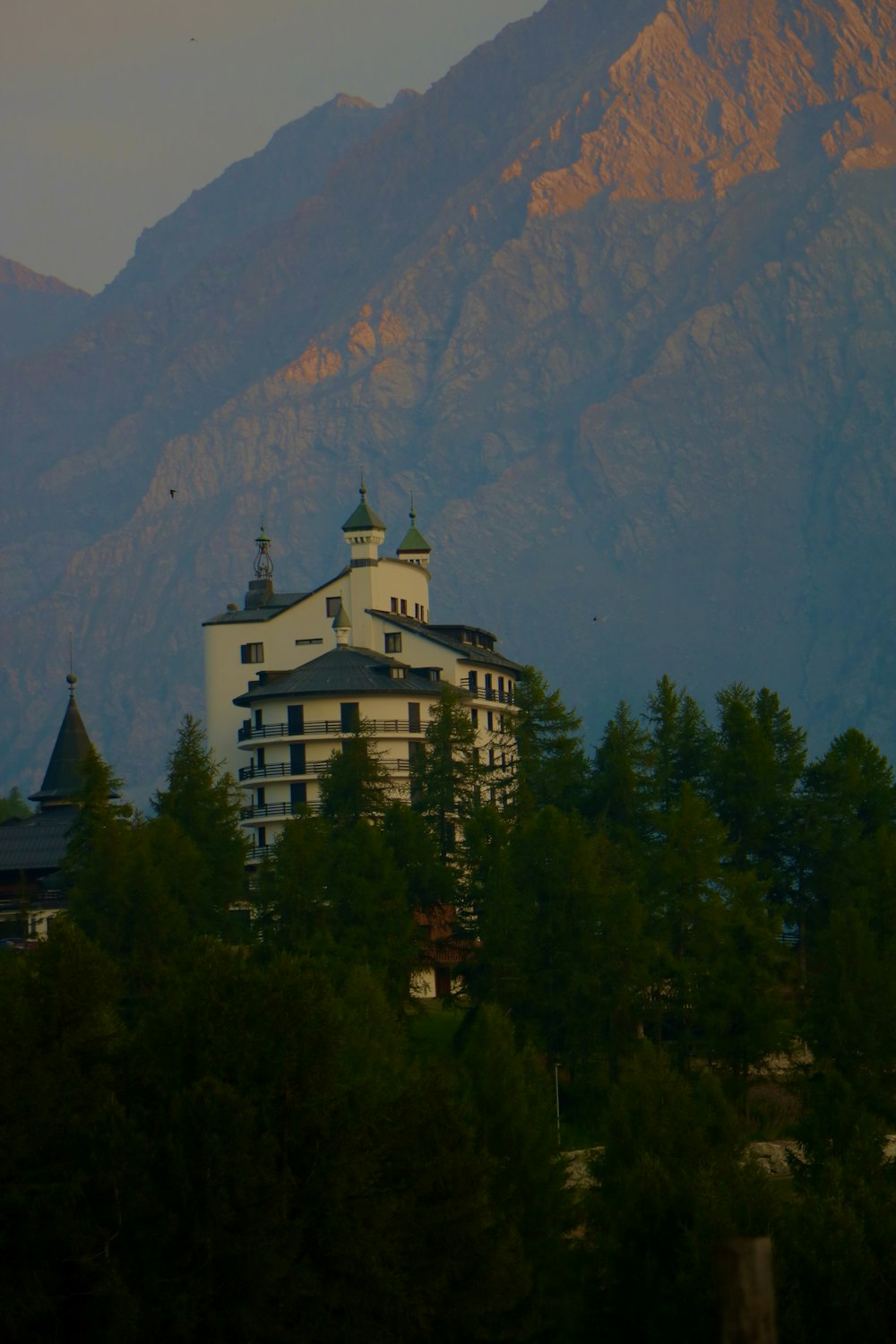 a large building in the middle of a forest