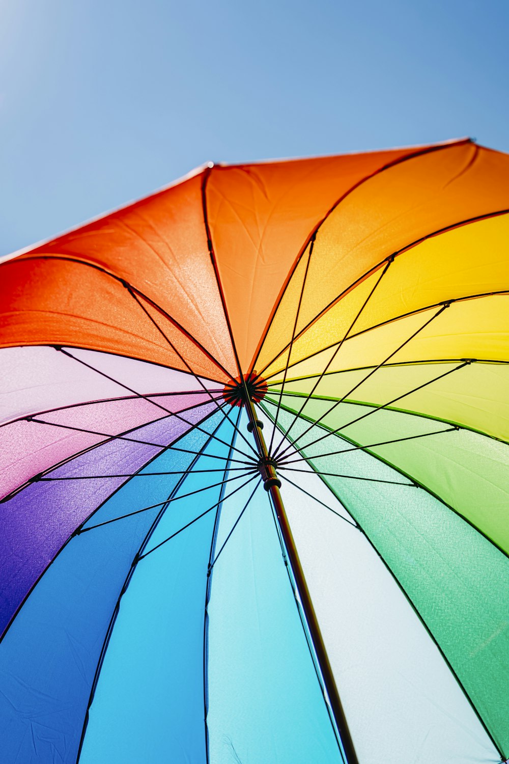 a colorful umbrella with a blue sky