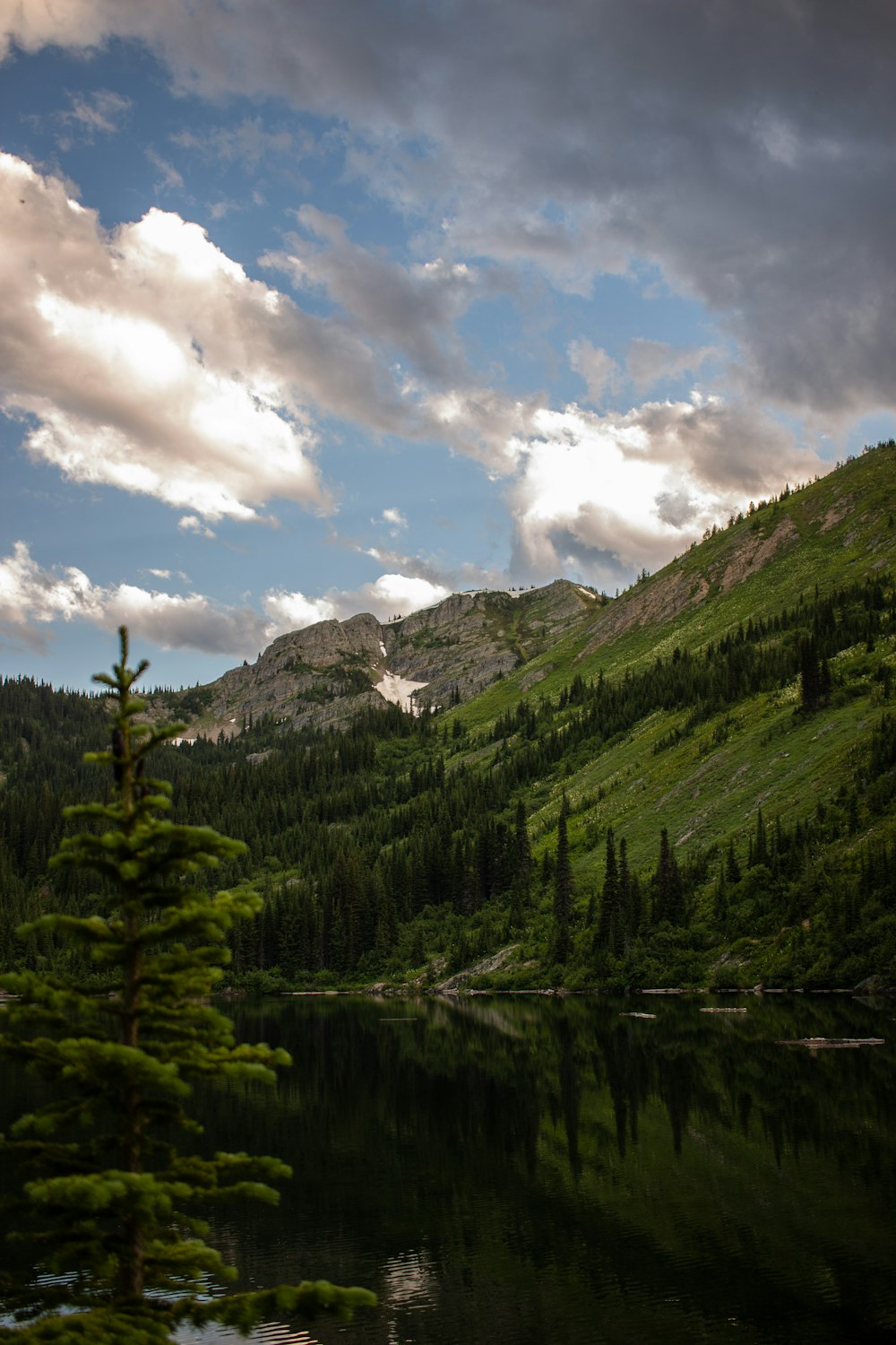 a lake surrounded by mountains and trees