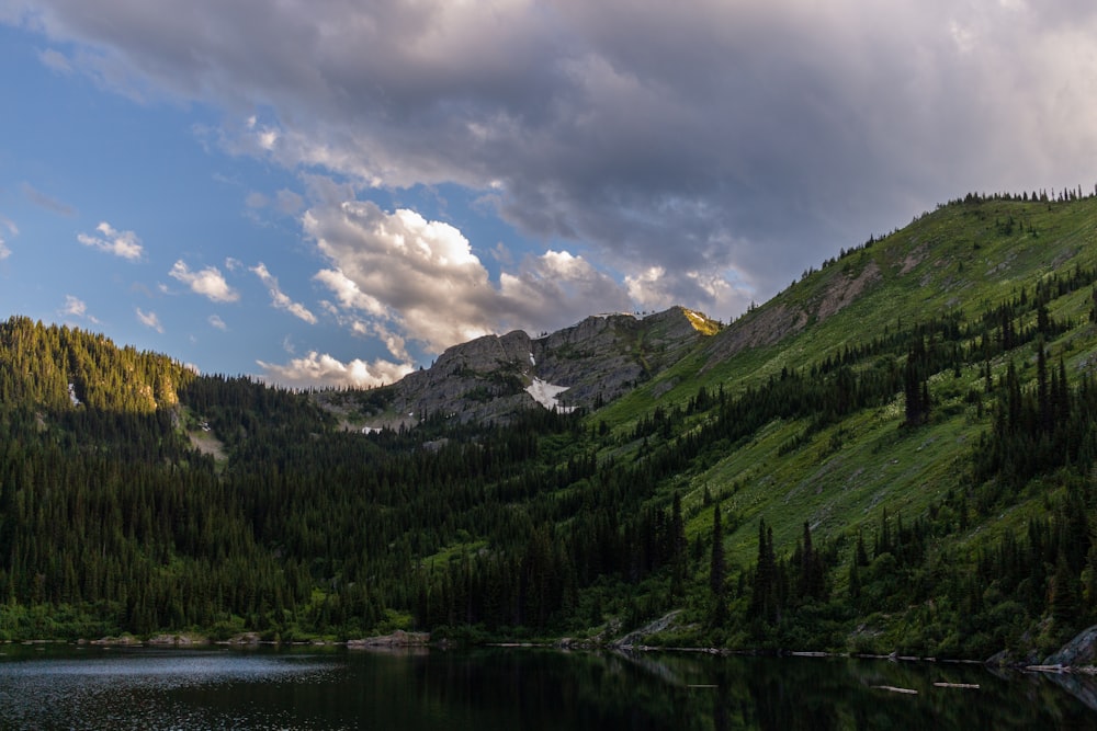 a lake surrounded by mountains and trees