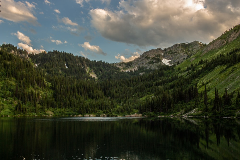 Ein See, umgeben von Bergen und Bäumen