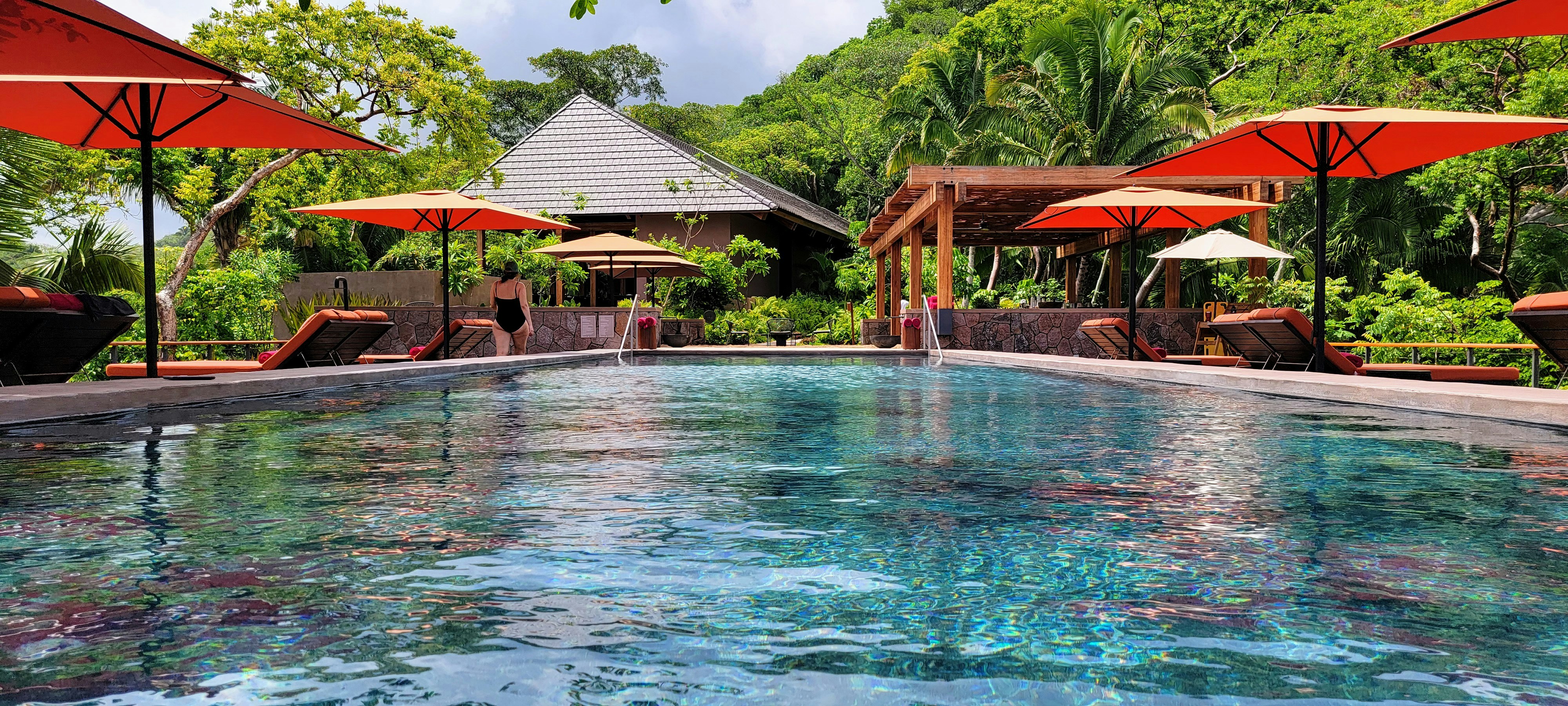 Pool area with umbrellas