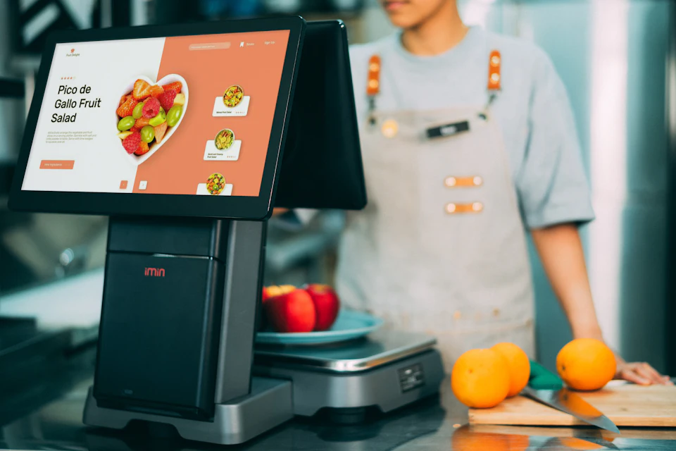 A till at a restaurant counter with a member of staff behind it