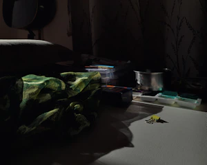 A dimly lit studio with scattered art supplies and soft shadows creating an intimate atmosphere.