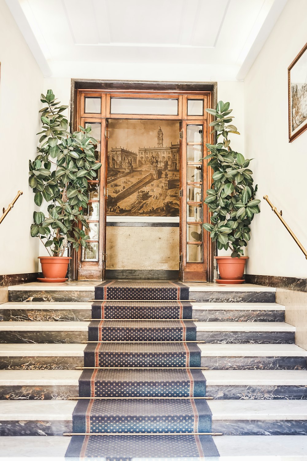 a door with plants on the stairs