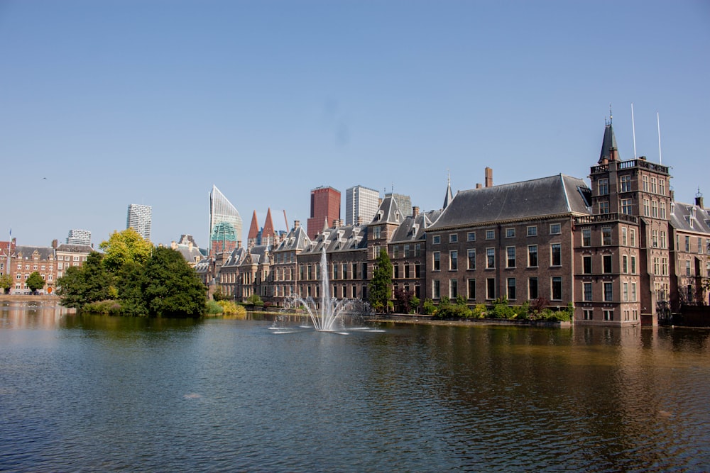 a body of water with buildings along it