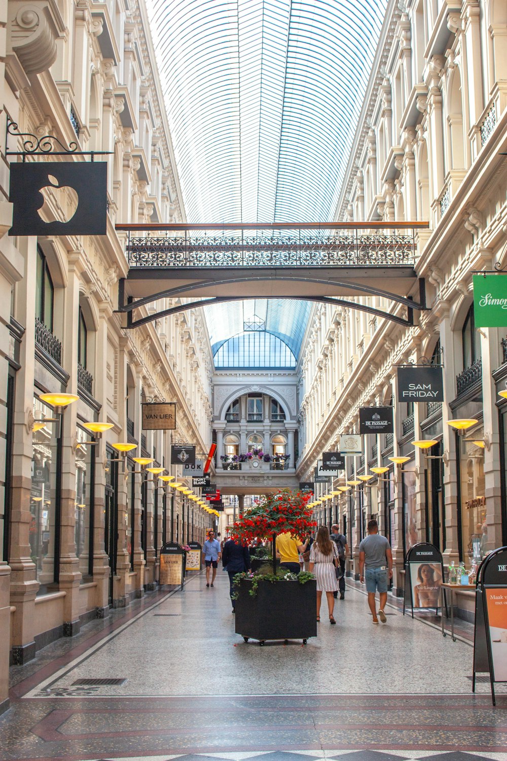 a walkway with people and flowers