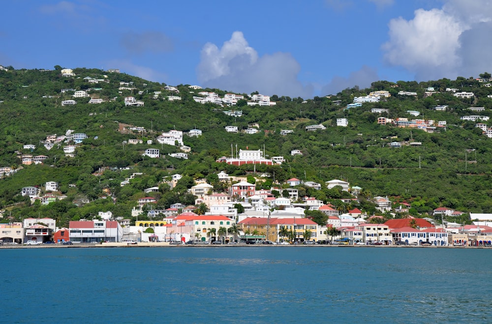 a town on a hill by the water