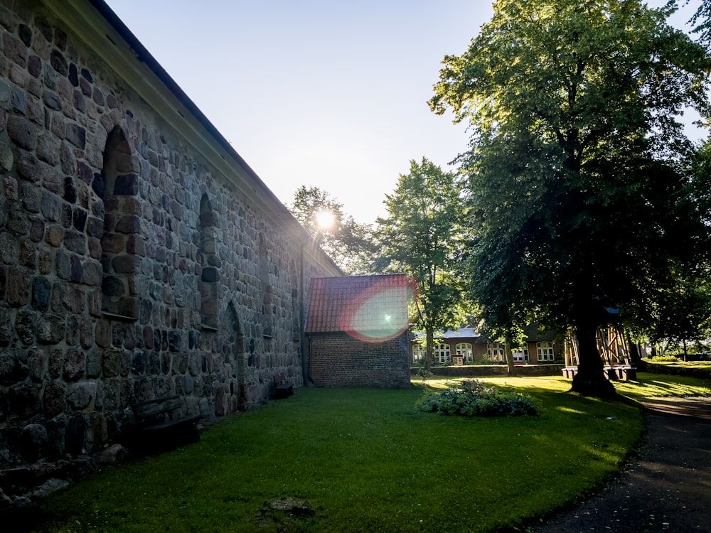 a stone wall with a tree and grass