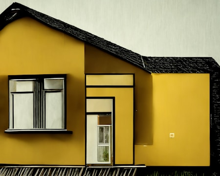 A minimalist, modern house structure featuring a bold, flat facade. The building is primarily painted in a bright yellow color with contrasting black window frames and roof. It has geometric design elements with large windows, providing a sense of symmetry and balance.