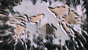 Abstract composition featuring chaotic, swirling patterns with a mix of sharp and smooth edges. The image includes elements that resemble paint splatters in various shades.