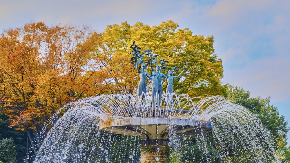 a fountain with trees around it