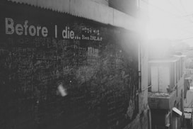 A large chalkboard with the heading 'Before I die...' is filled with handwritten messages in various languages. The board is on the side of a building in an urban setting, with sunlight reflecting off the surface. In the background, a street lined with houses is visible under a bright sky.