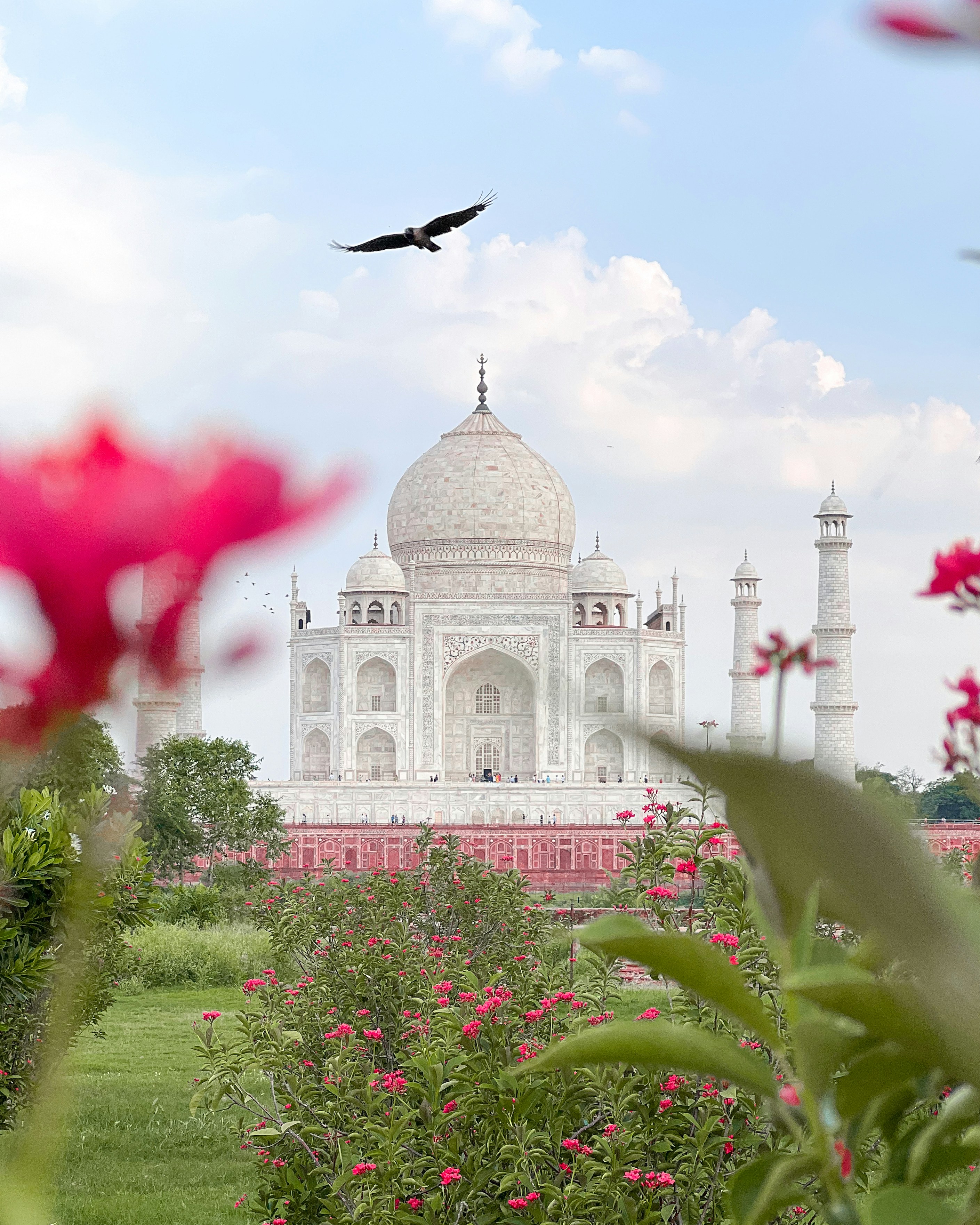 a plane flying over Taj Mahal