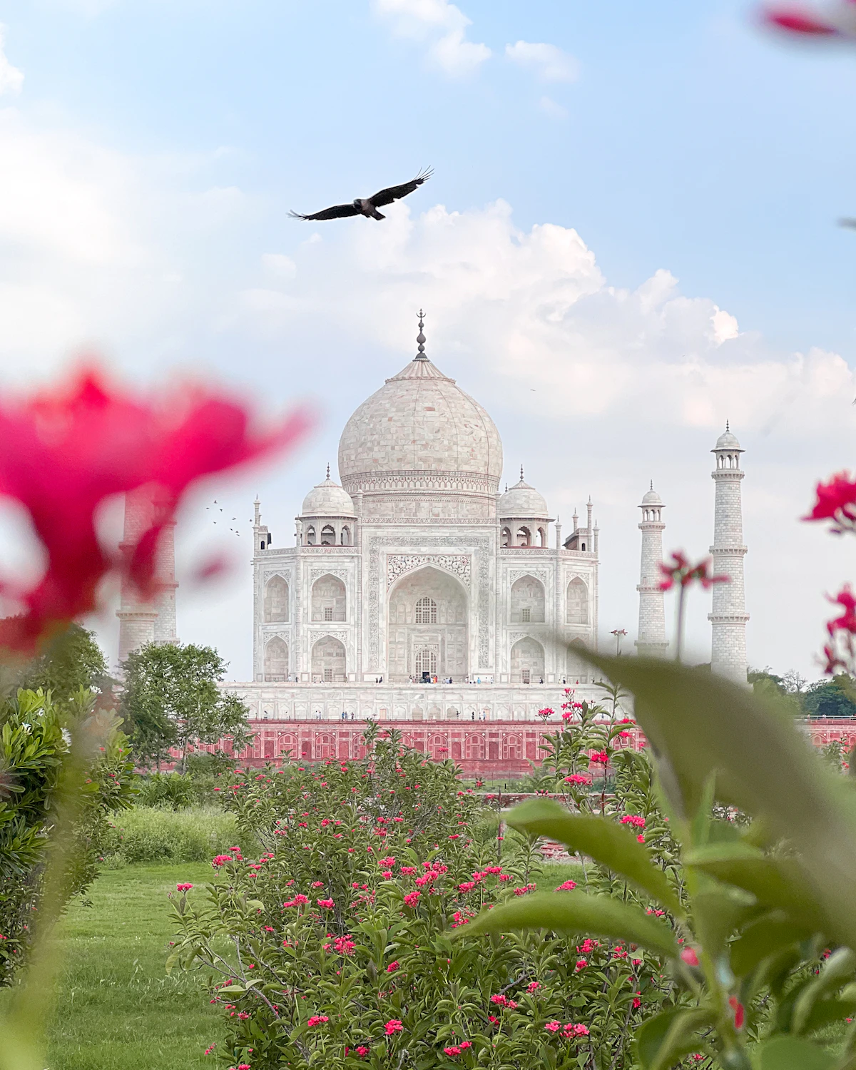Panoramic aerial view of the Taj Mahal dome and gardens