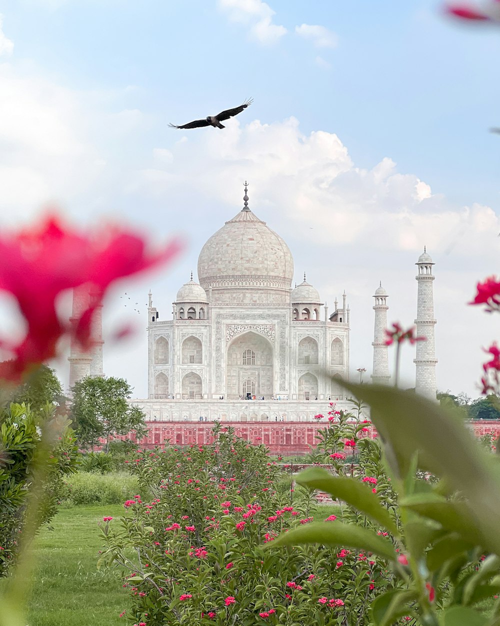 a plane flying over Taj Mahal