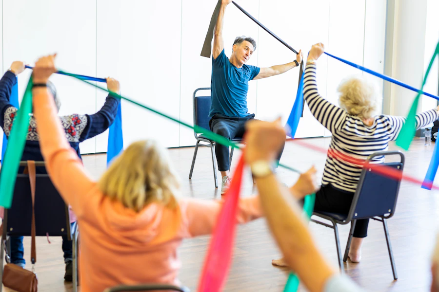 The Tuesday group training with resistance bands