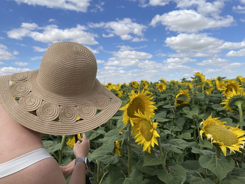 a person in a hat in a field of sunflowers