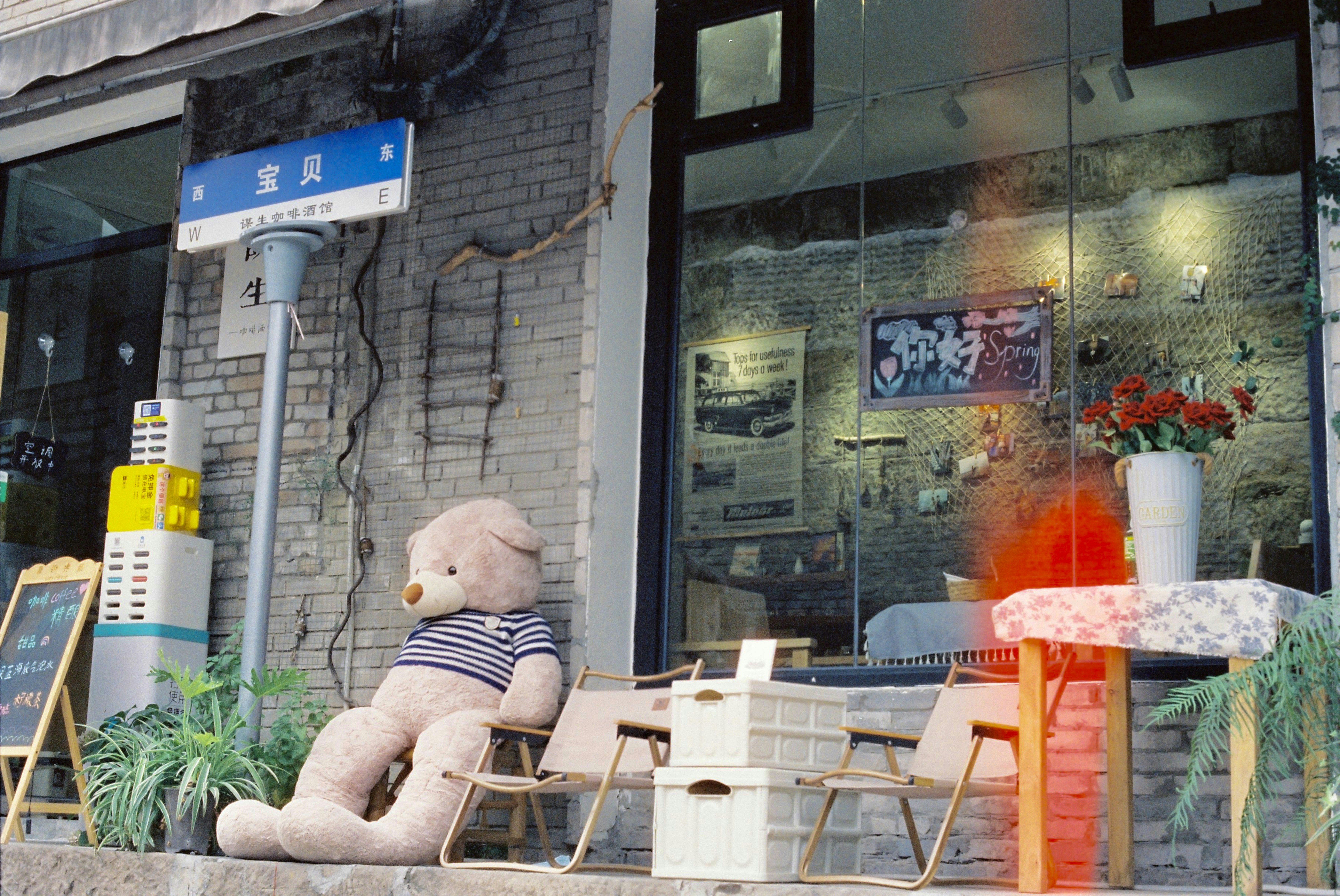 a teddy bear sits on a chair