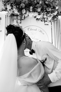 A couple embracing in a romantic gesture, with the bride wearing a veil and wedding dress, while the groom is in a shirt and bow tie. The background features floral decorations and scripted text.