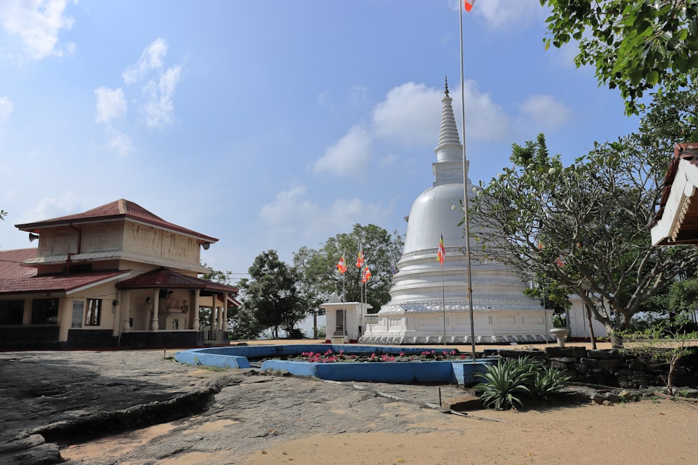 a white building with a tower