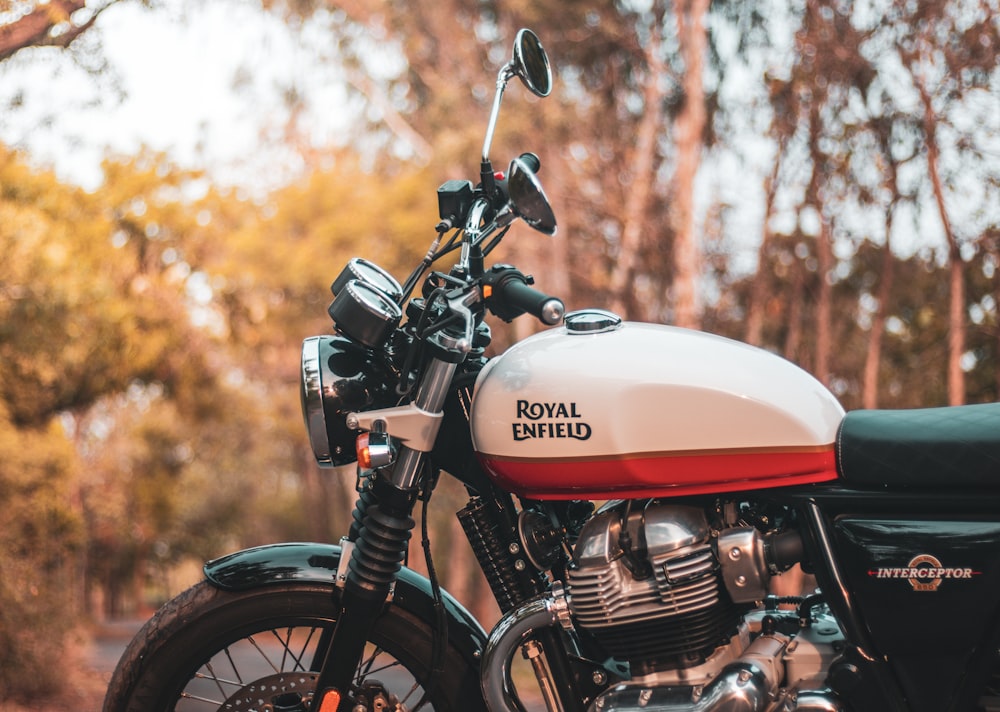 a motorcycle parked in the woods