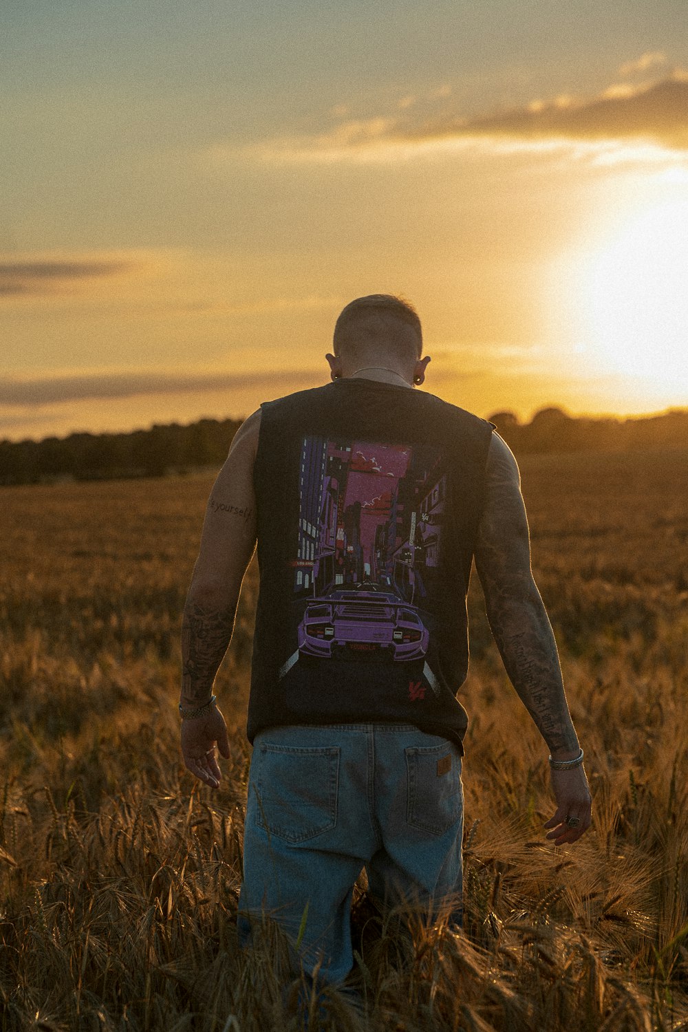 a man walking in a field