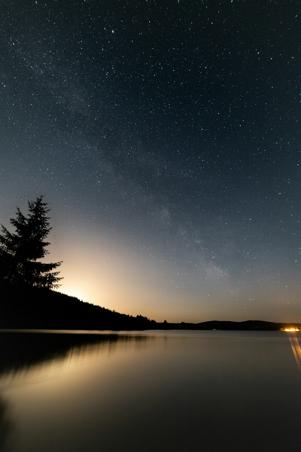 a lake with a tree and stars in the sky