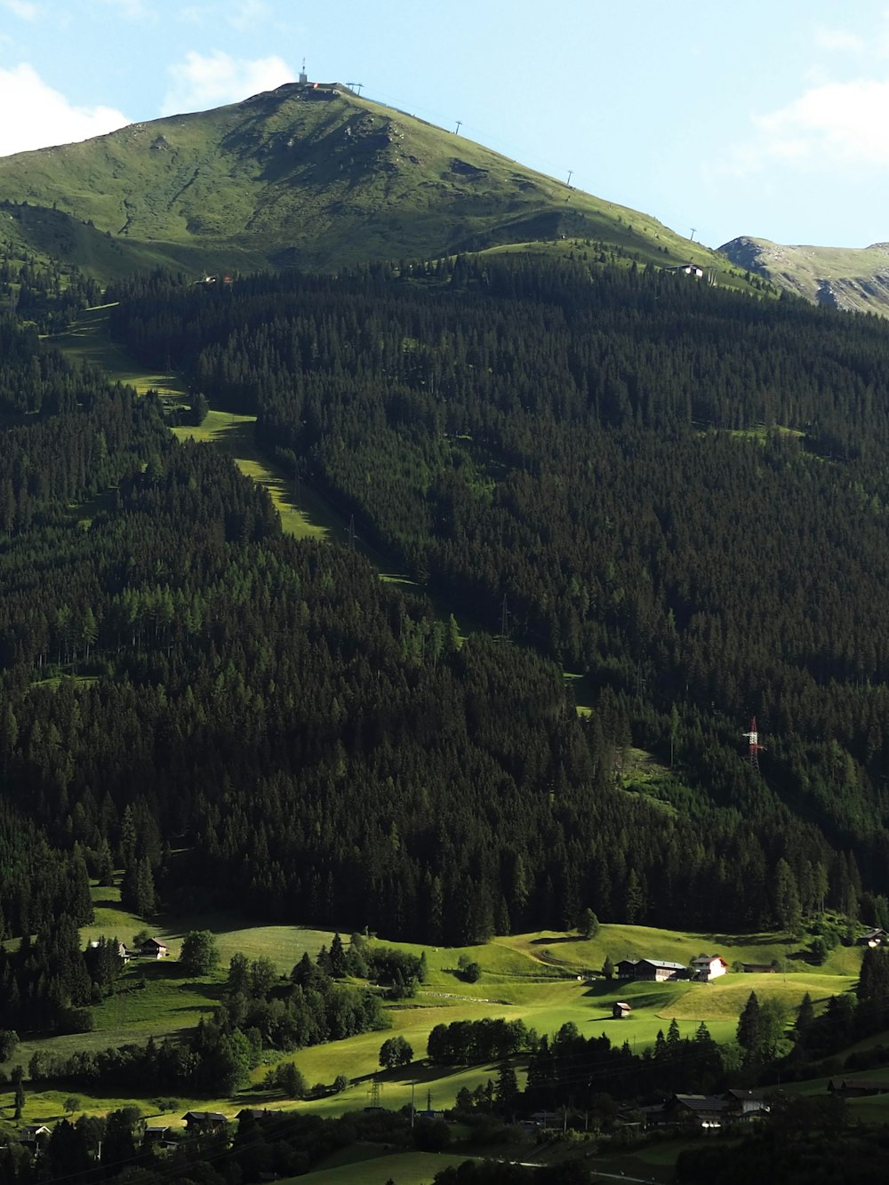 a large green mountain with trees and a valley below