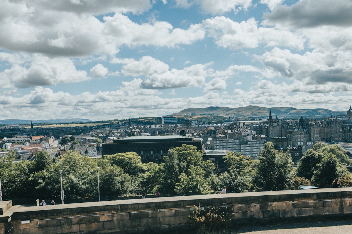 Edinburgh March — city buildings and trees in the tentative early light of a spring afternoon