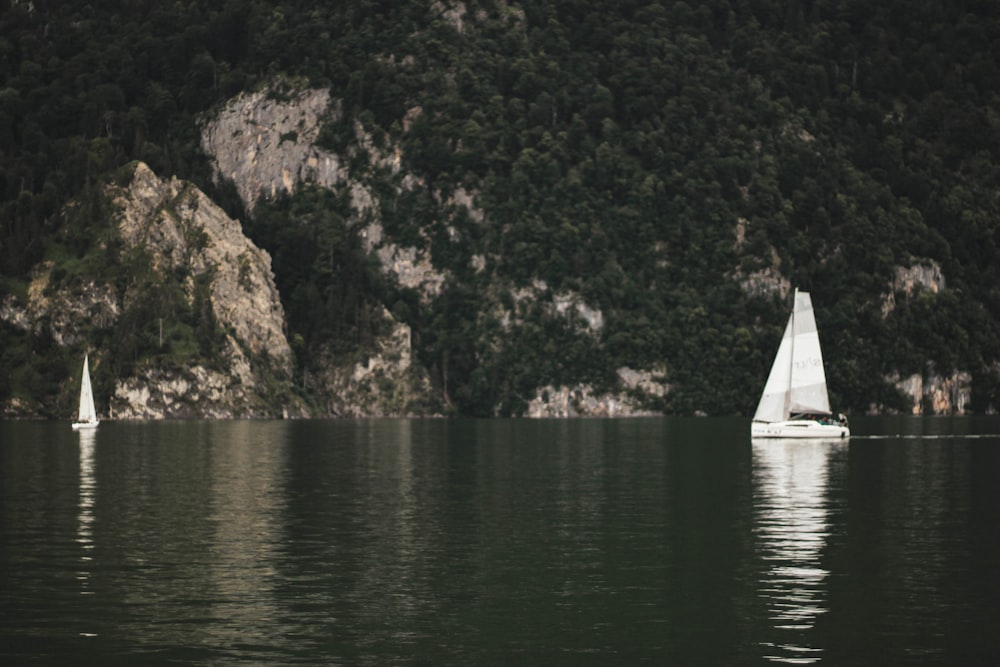 a couple of sailboats on the water by a rocky cliff